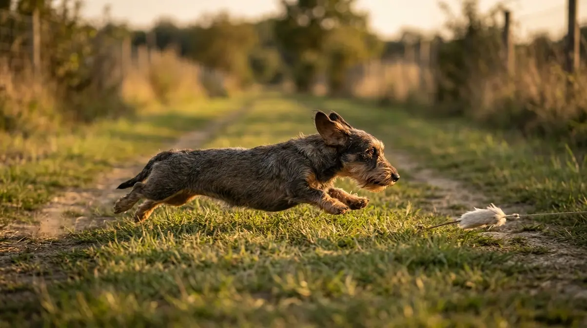 Wirehaired dachshund sprinting along a straight grass track after a lure