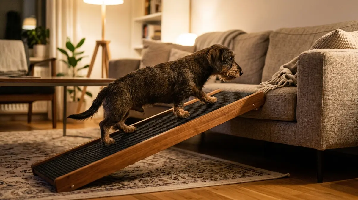 Wirehaired dachshund walking up a ramp onto a living room couch